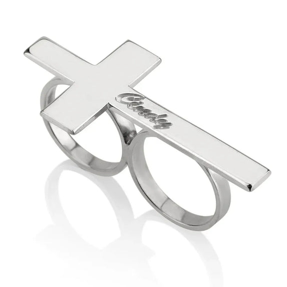 Custom Cross Ring Engraving Name Ring Men Stainless Steel Two Fingers Ring Knuckle Jewelry Women Personalized Gift for Boyfriend