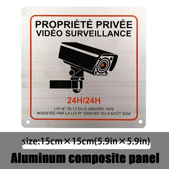French Aluminum alloy monitoring sign PROPRIÉTÉ PRIVÉE VIDÉO SURVEILLANCE brushed sign safety sign
